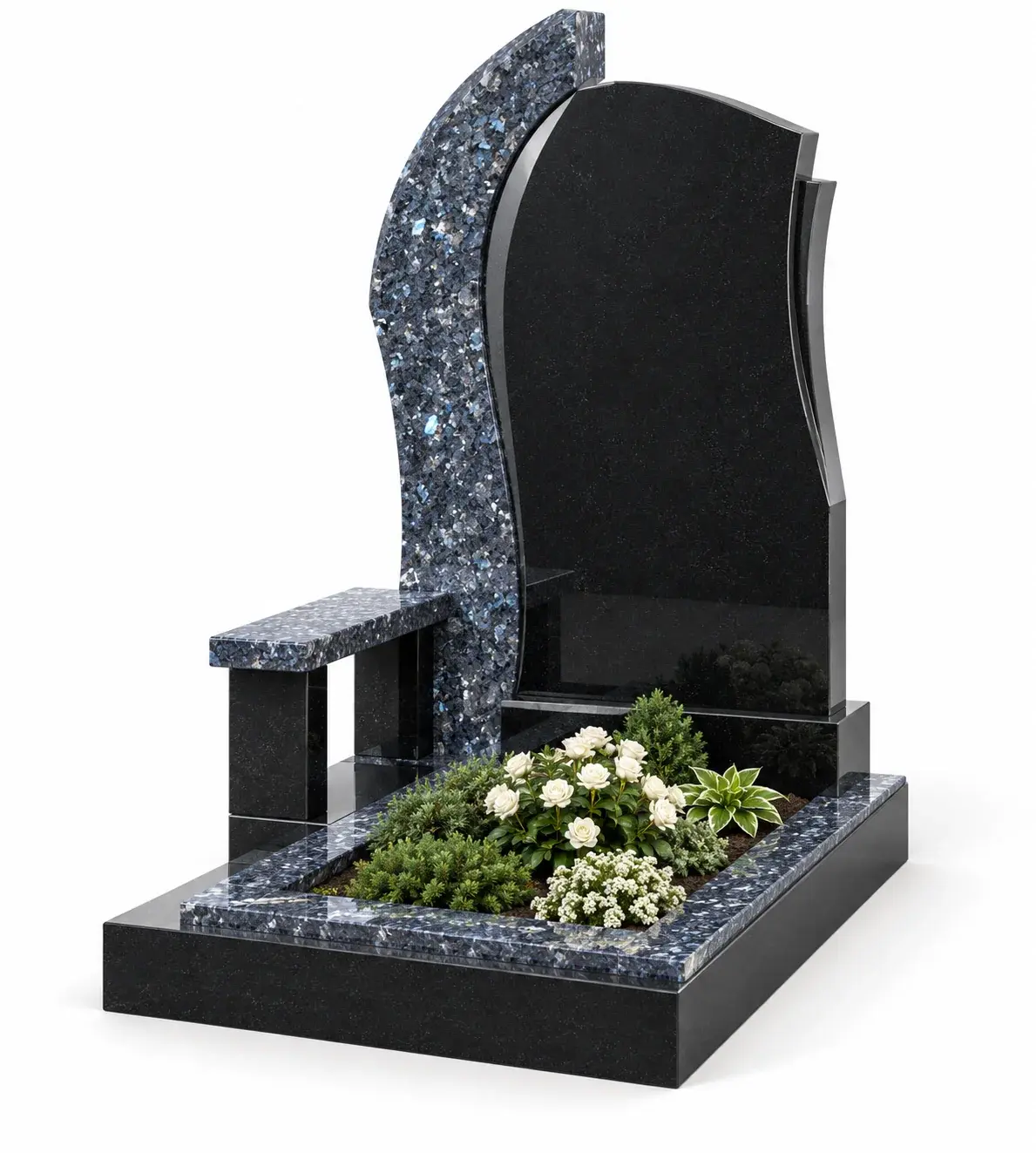 Студийная визуализация memorial complex gp-1278 - black granite and blue pearl: чёрный гранит и Blue Pearl на белом фоне