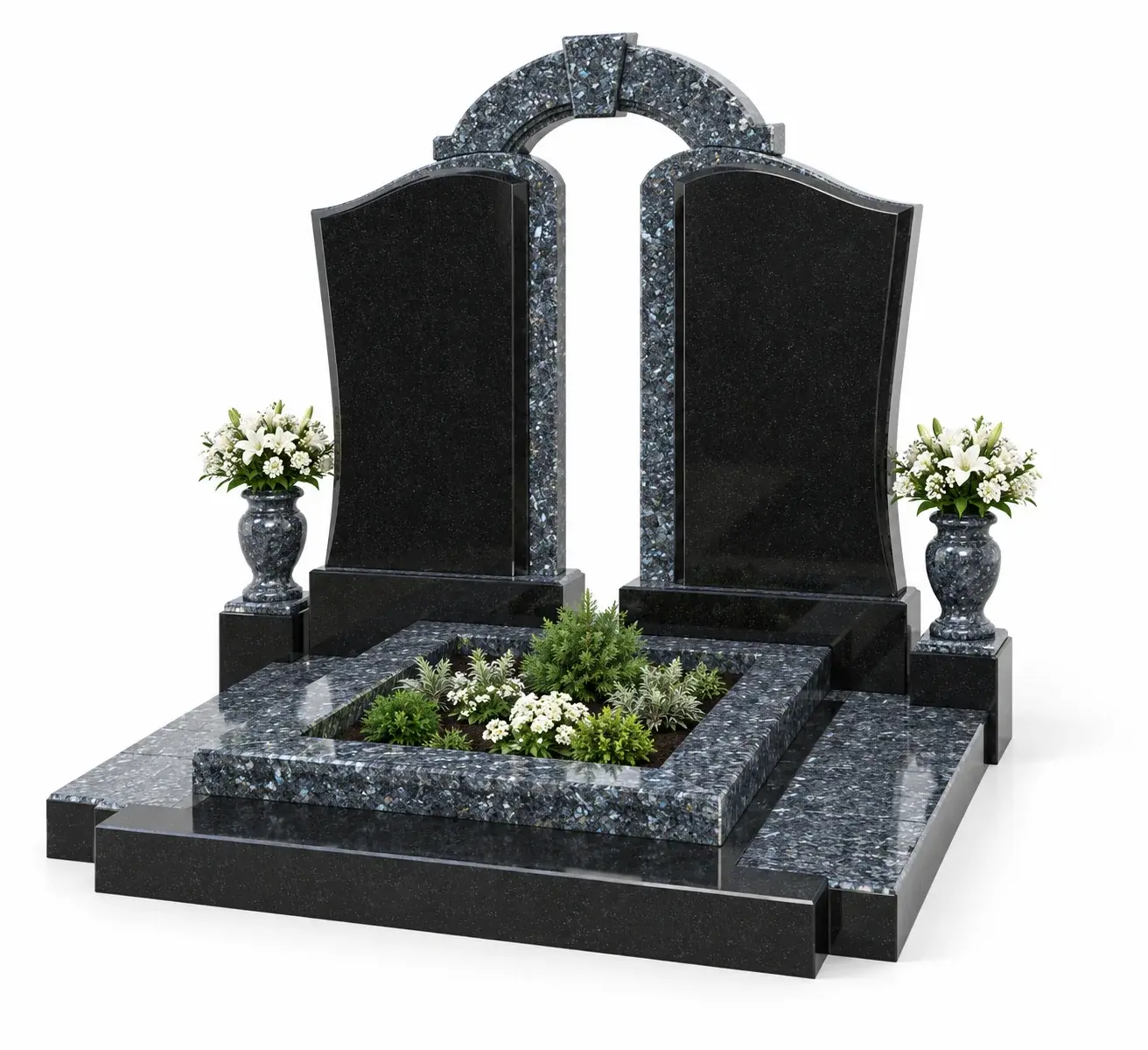 Студийная визуализация memorial complex gp-1286 - black granite and blue pearl: чёрный гранит и Blue Pearl на белом фоне