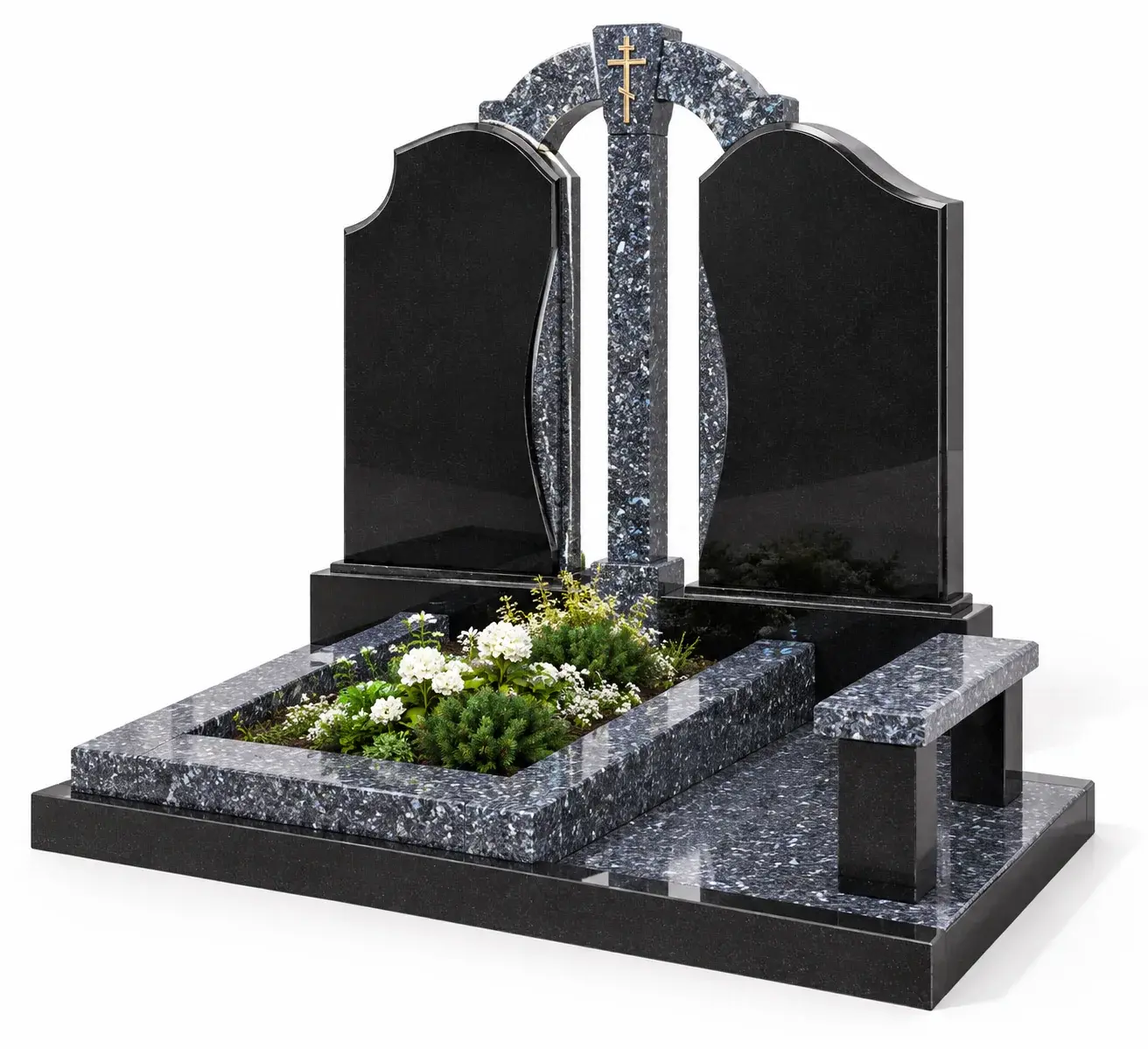 Студийная визуализация memorial complex gp-1294 - black granite and blue pearl: чёрный гранит и Blue Pearl на белом фоне