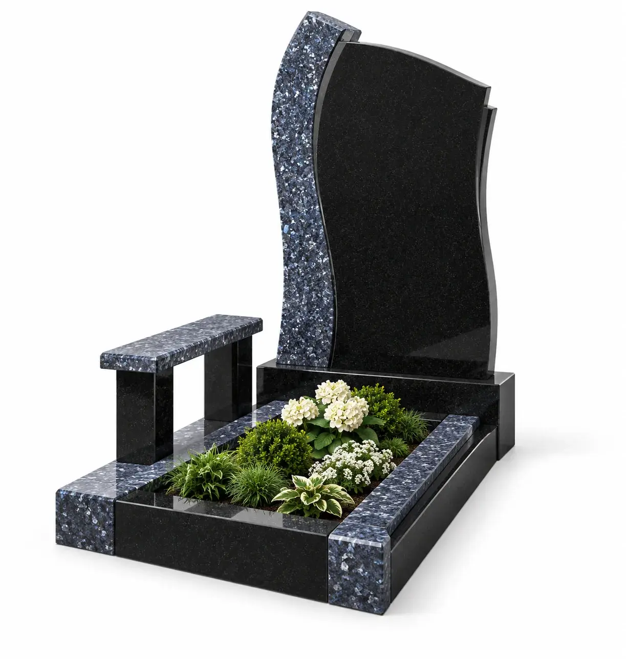 Студийная визуализация memorial complex gp-1302 - black granite and blue pearl: чёрный гранит и Blue Pearl на белом фоне