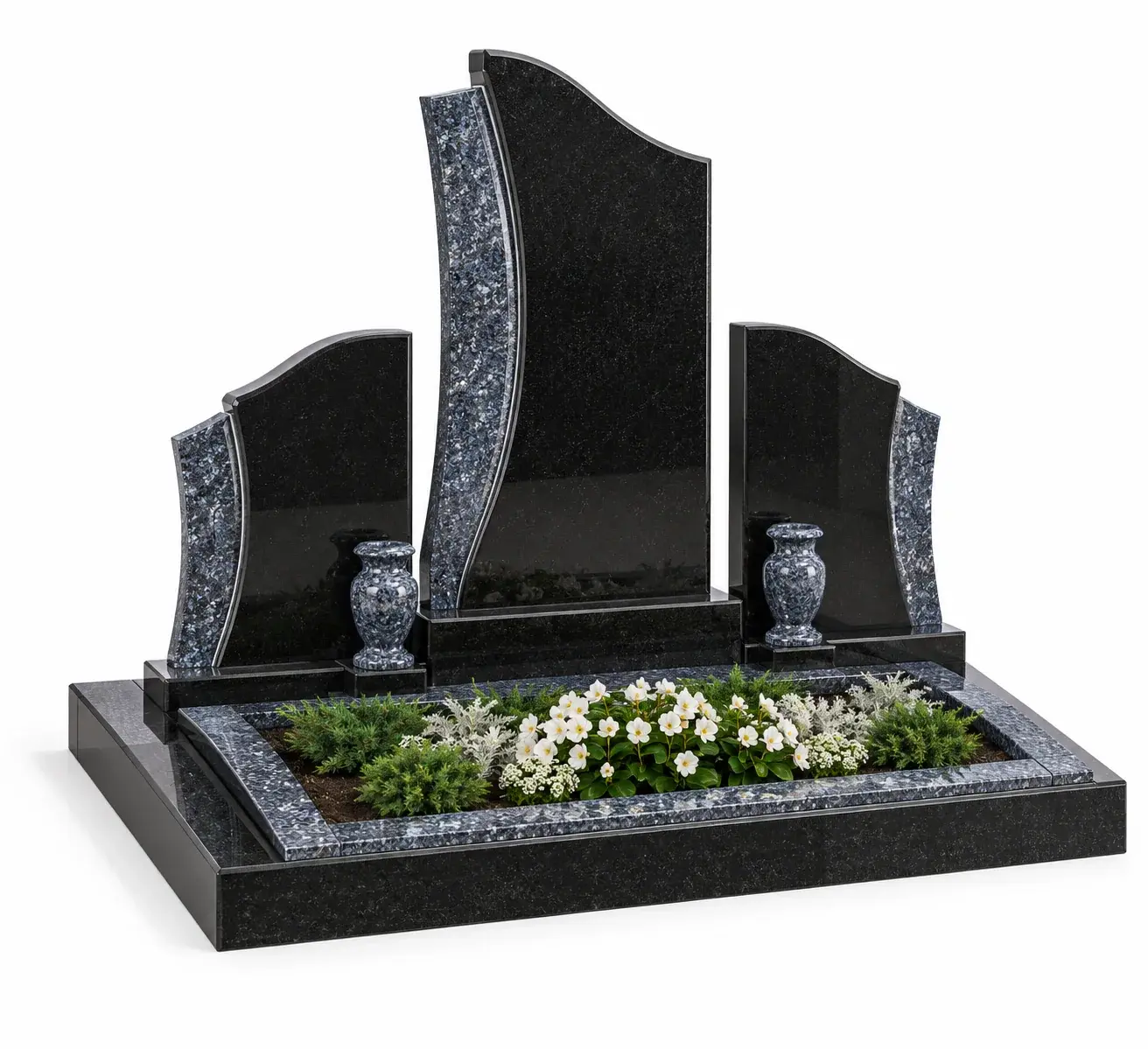 Студийная визуализация memorial complex gp-1311 - black granite and blue pearl: чёрный гранит и Blue Pearl на белом фоне