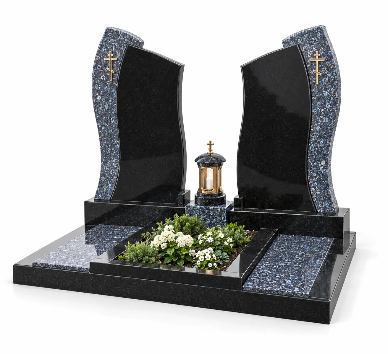 Студийная визуализация memorial complex gp-1318 - black granite and blue pearl: чёрный гранит и Blue Pearl на белом фоне