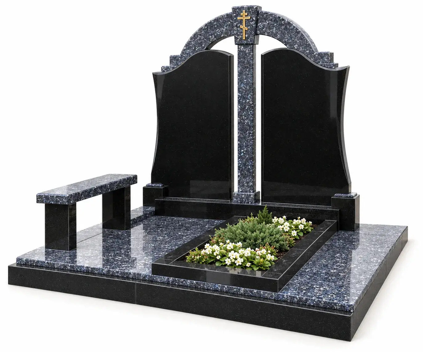 Студийная визуализация memorial complex gp-1326 - black granite and blue pearl: чёрный гранит и Blue Pearl на белом фоне