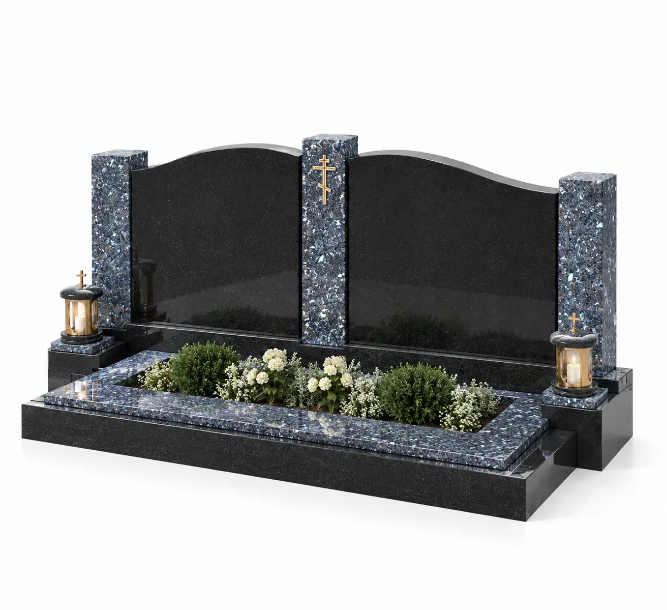 Студийная визуализация memorial complex gp-1332 - black granite and blue pearl: чёрный гранит и Blue Pearl на белом фоне