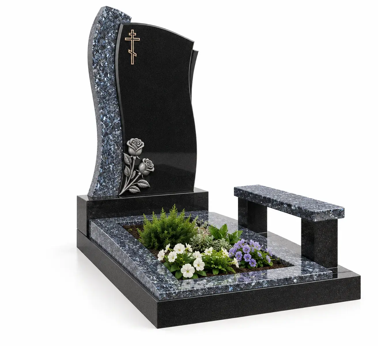 Студийная визуализация memorial complex gp-1341 - black granite and blue pearl: чёрный гранит и Blue Pearl на белом фоне