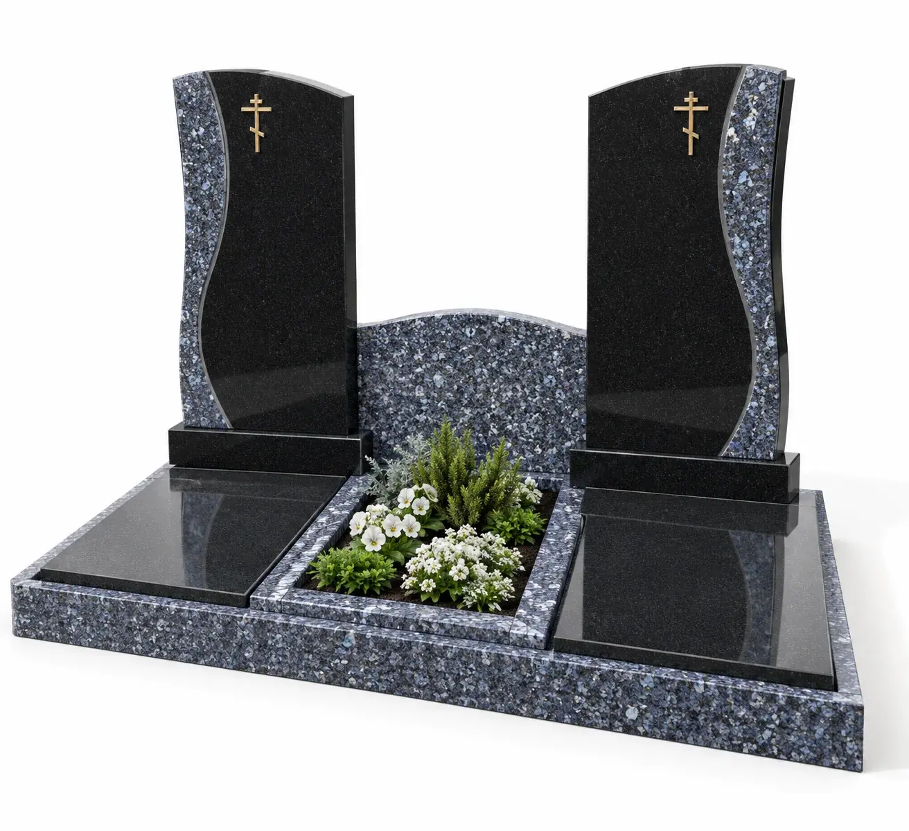 Студийная визуализация memorial complex gp-1345 - black granite and blue pearl: чёрный гранит и Blue Pearl на белом фоне