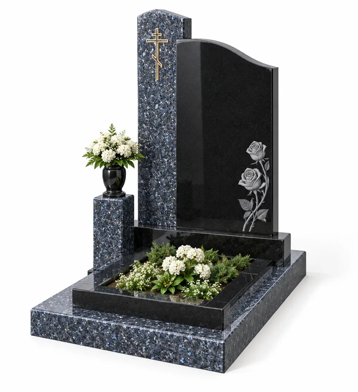 Студийная визуализация memorial complex gp-1350 - black granite and blue pearl: чёрный гранит и Blue Pearl на белом фоне