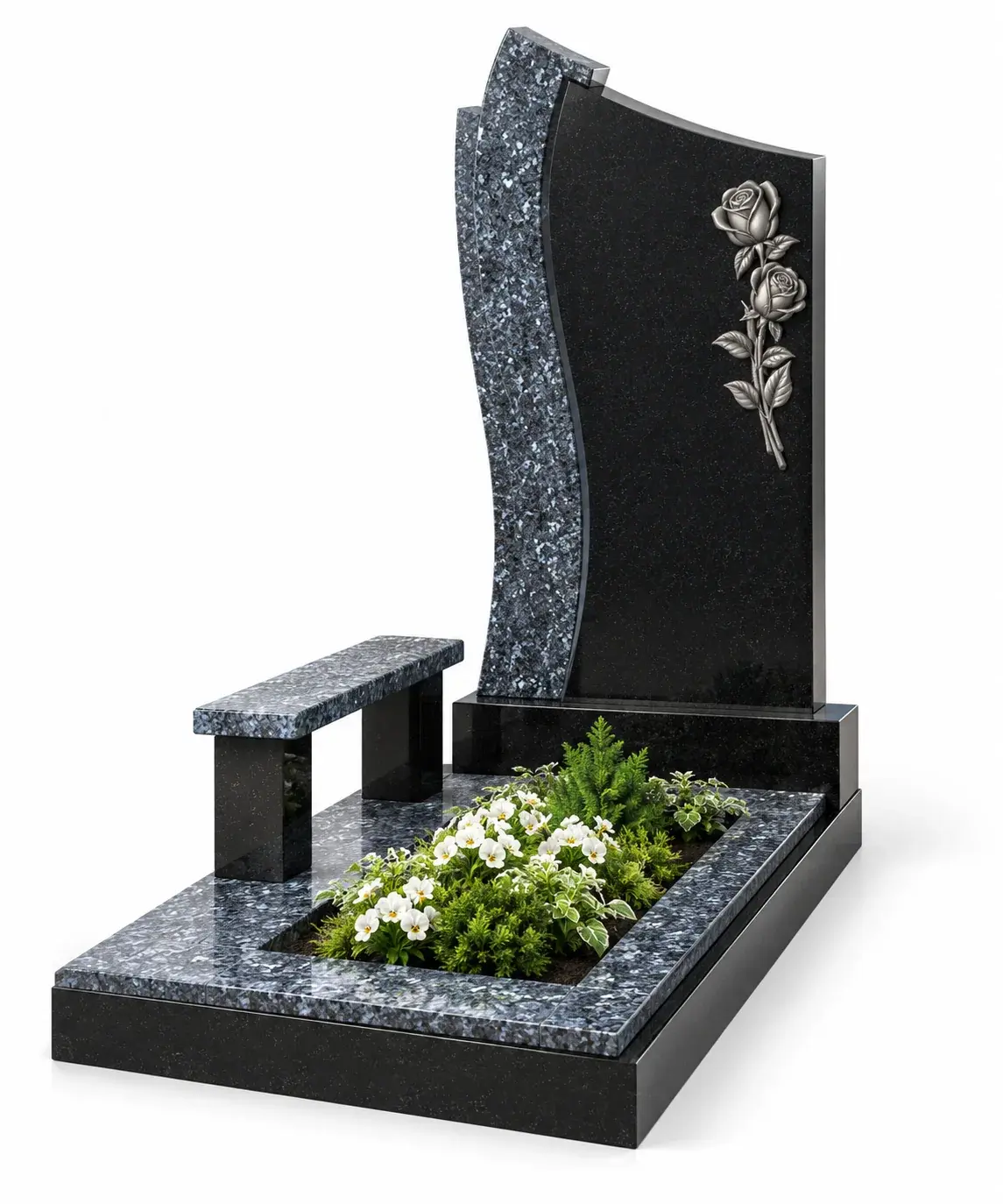 Студийная визуализация memorial complex gp-1358 - black granite and blue pearl: чёрный гранит и Blue Pearl на белом фоне