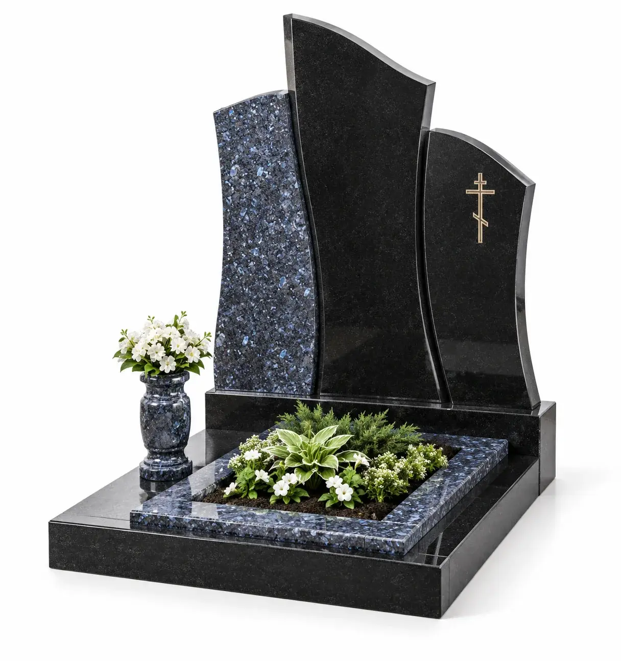 Студийная визуализация memorial complex gp-1363 - black granite and blue pearl: чёрный гранит и Blue Pearl на белом фоне