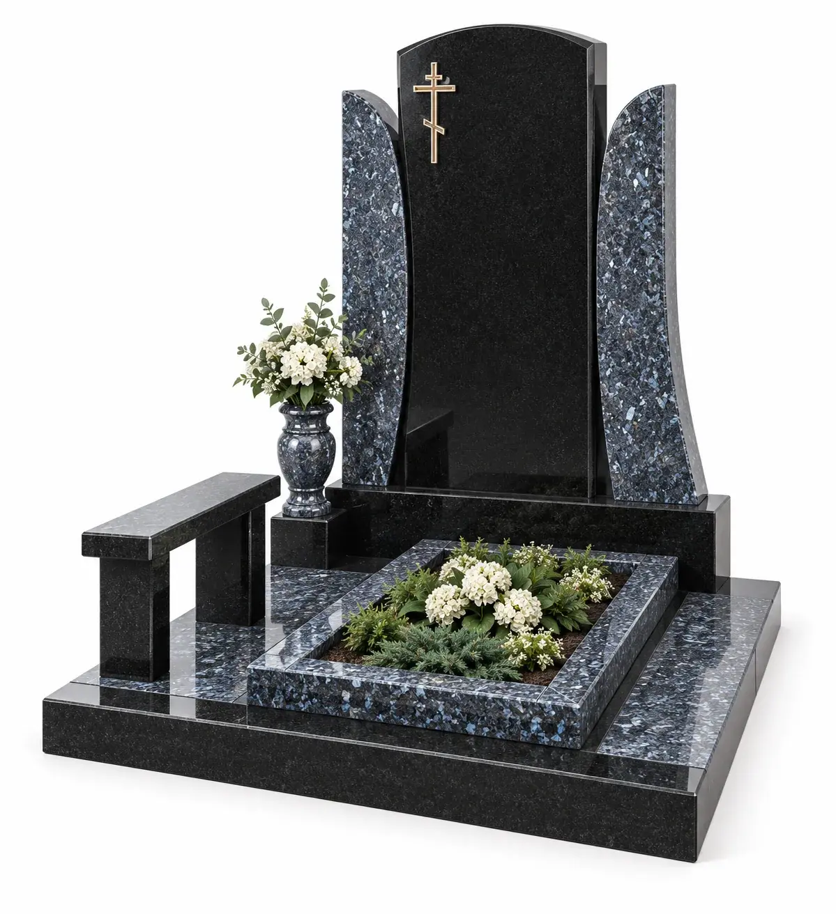 Студийная визуализация memorial complex gp-1366 - black granite and blue pearl: чёрный гранит и Blue Pearl на белом фоне