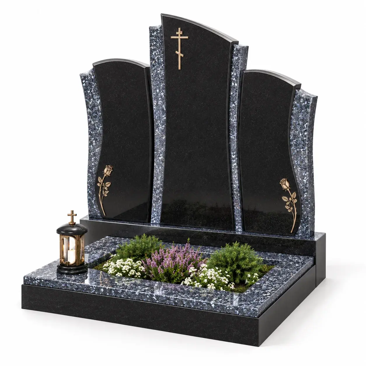 Студийная визуализация memorial complex gp-1371 - black granite and blue pearl: чёрный гранит и Blue Pearl на белом фоне