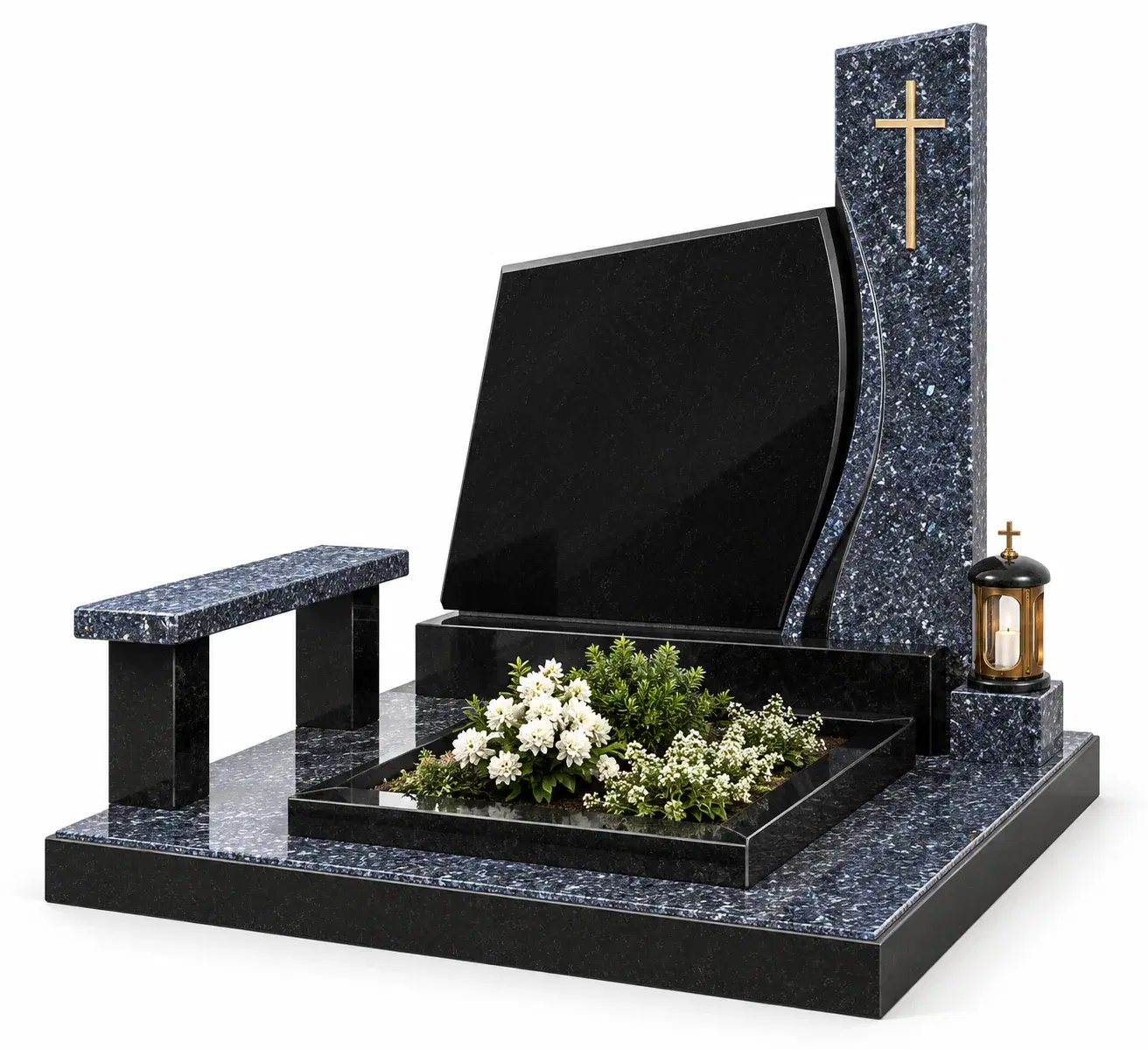 Студийная визуализация memorial complex gp-1374 - black granite and blue pearl: чёрный гранит и Blue Pearl на белом фоне